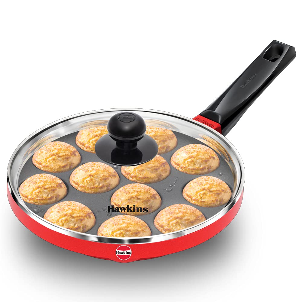Hawkins Nonstick Appe Pan with Glass Lid, 12 Cups, Diameter 20 cm, Black , Cast Aluminium, Red (NAPE20G)