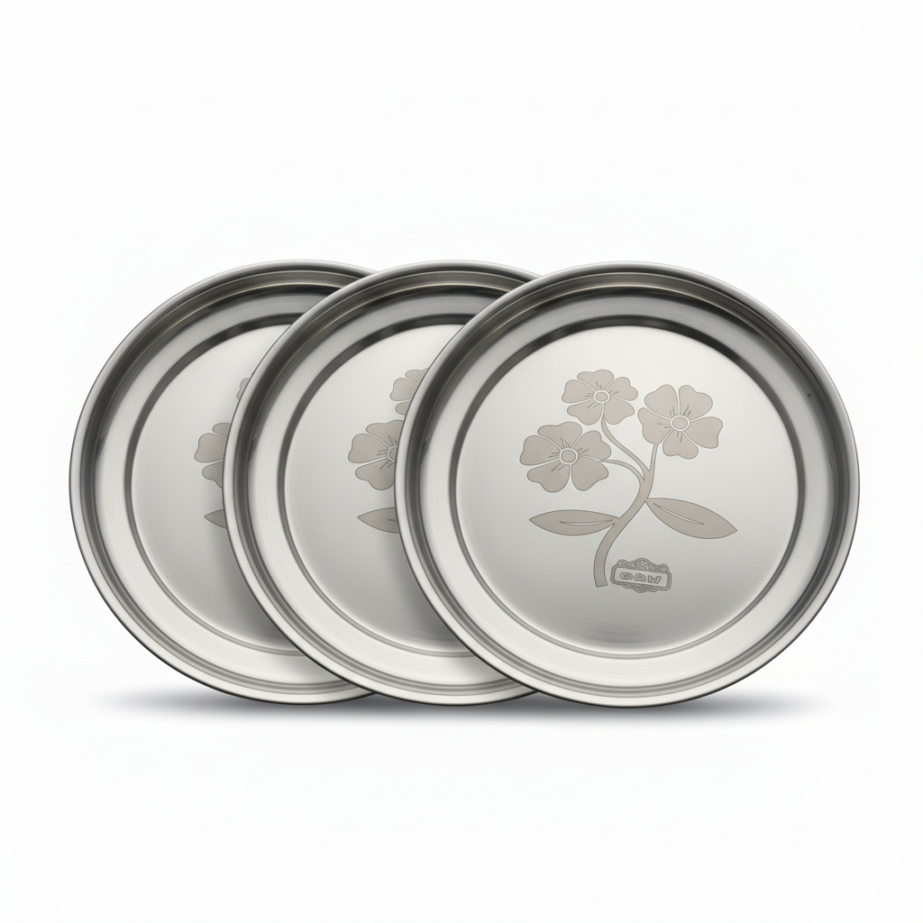 GBW Stainless Steel Dinner Plate | Thali | Plate with Laser Design Set of 3 Plates (Diamm. 20 Cms) (Set of 3 Thali)