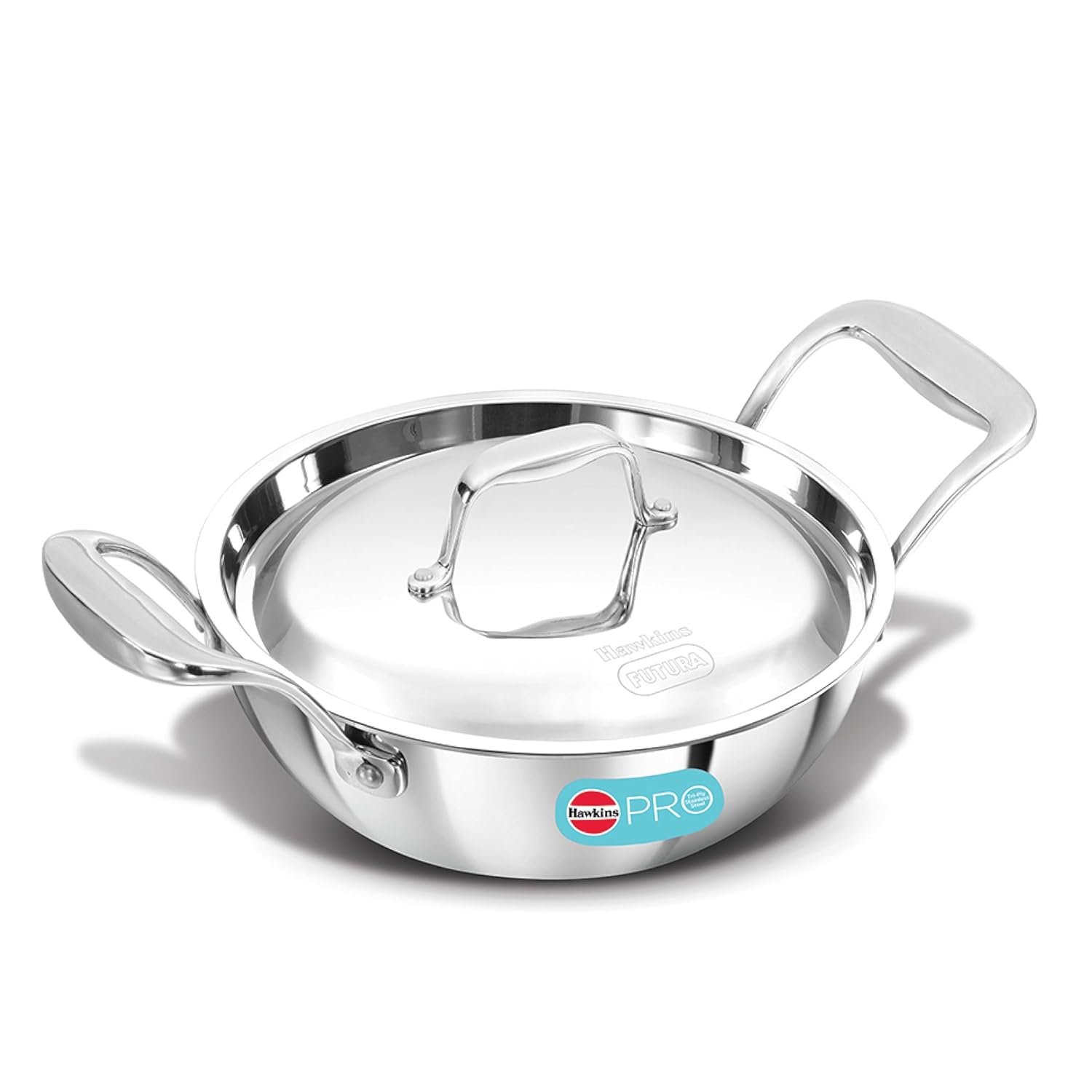 Hawkins Pro 1.5 Litre Deep-Fry Pan, Triply Stainless Steel Kadhai with Steel Handles and Steel Lid, Small Kadhai, Silver (PSK15S)